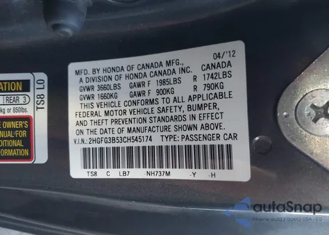 2012 Honda Civic Lx из США, поврежденный, VIN 2HGFG3B53CH545174